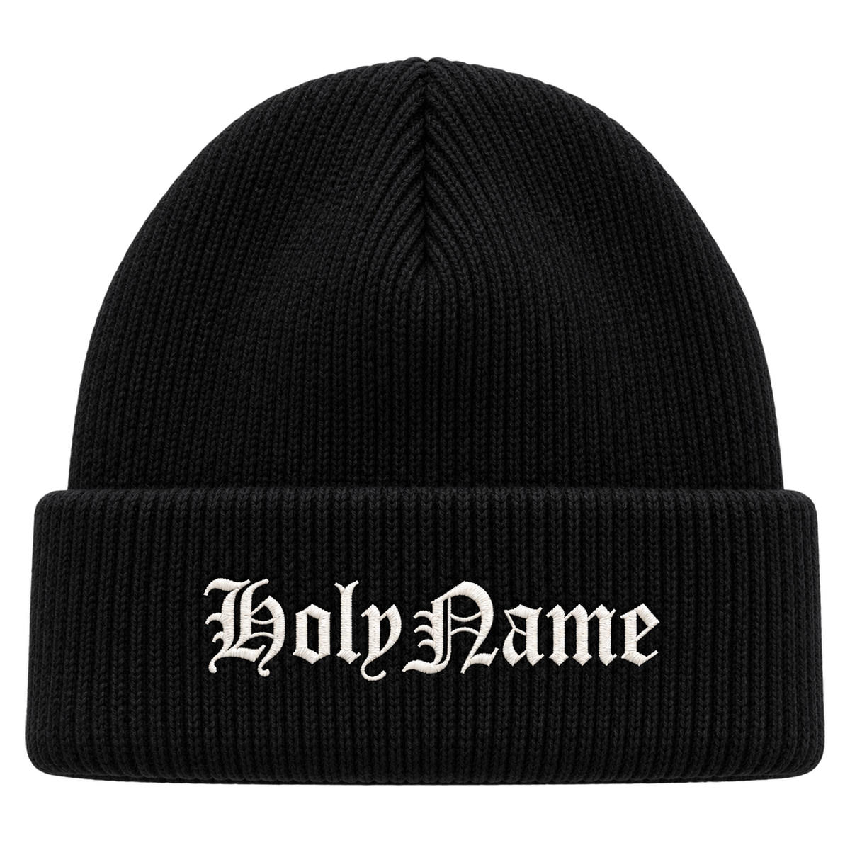 Black HolyName beanie with white embroidered text logo