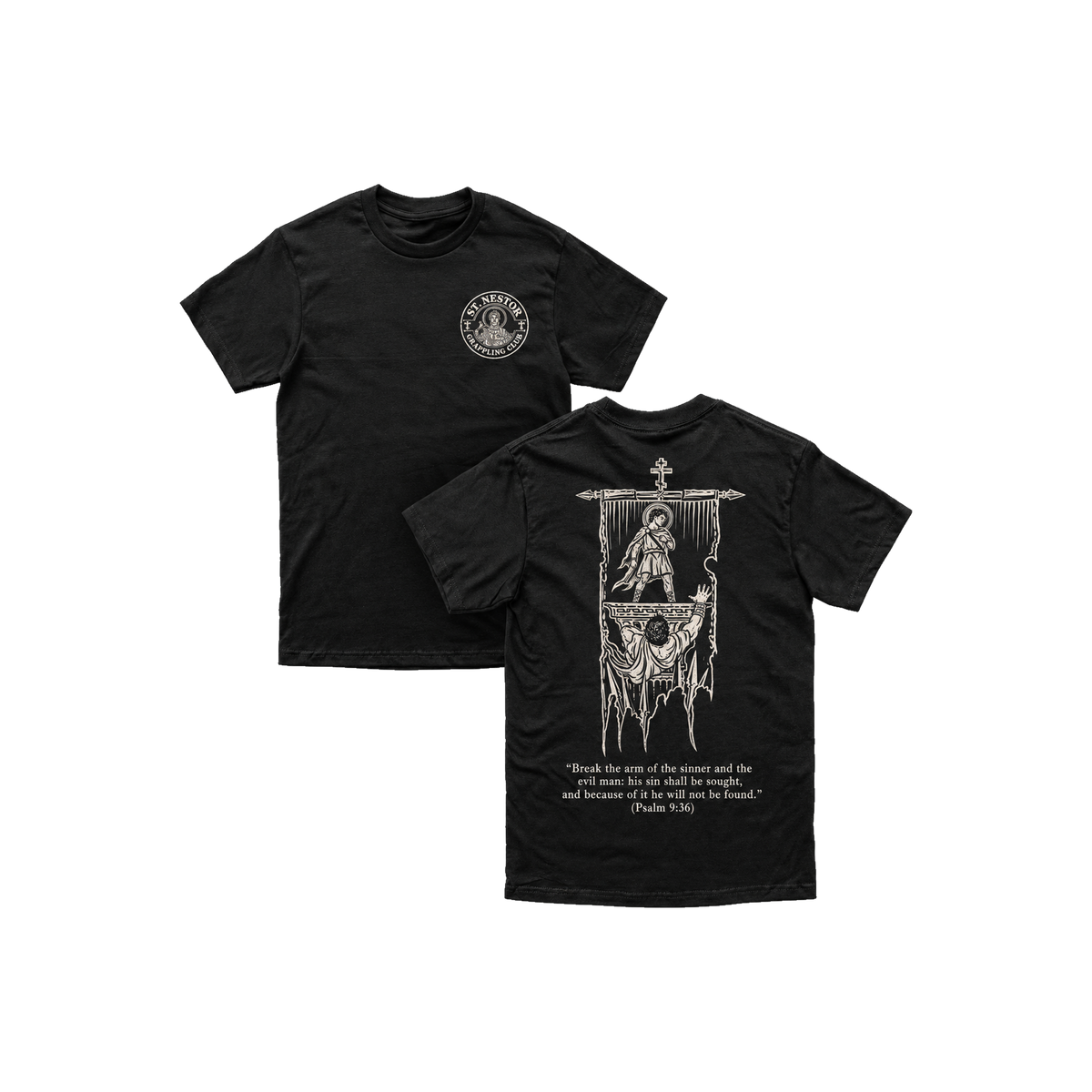 The Contender Tee by St. Nestor Grappling Club — complete front and back mockup on a transparent background