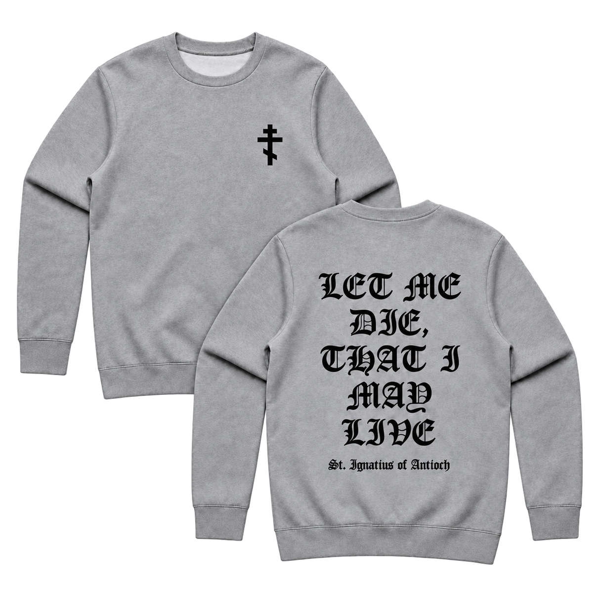 HolyName gray Let Me Die crewneck, front cross and quote back