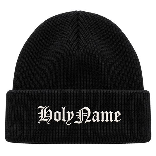 Black HolyName beanie with white embroidered text logo