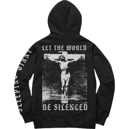 Sleeping Giant world be silenced hoodie — back on a transparent background