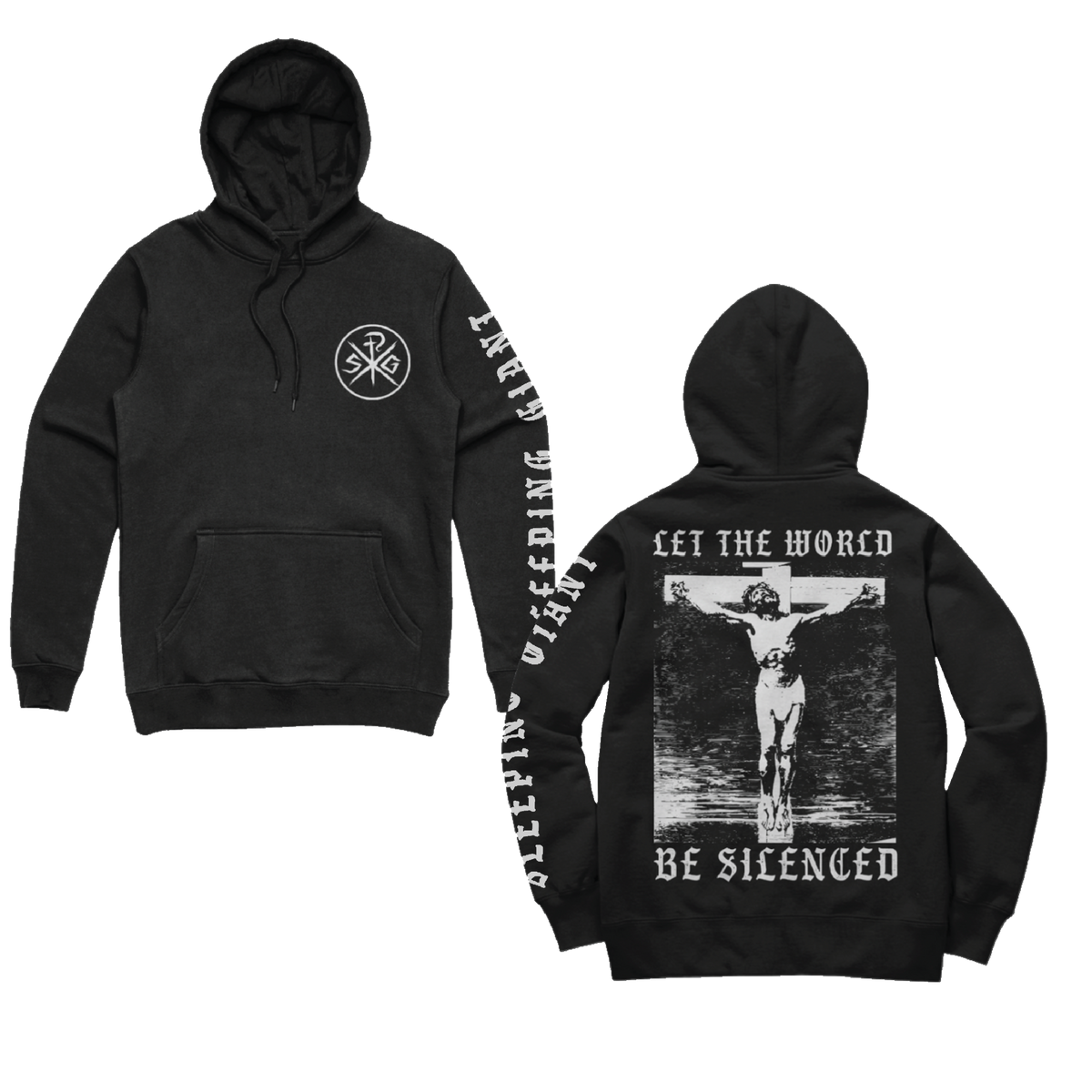 Sleeping Giant world be silenced hoodie — front and back on a transparent background