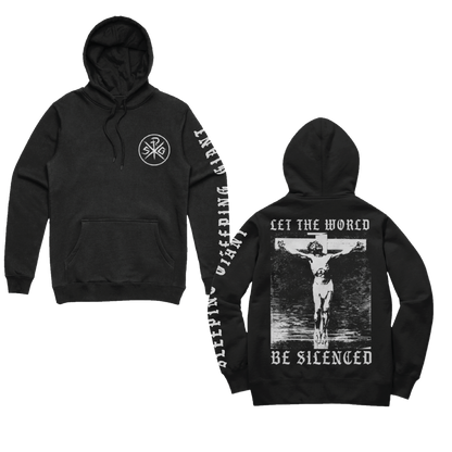 Sleeping Giant world be silenced hoodie — front and back on a transparent background