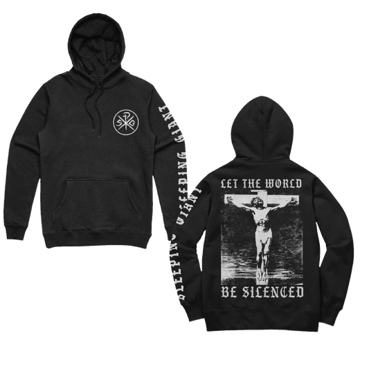 Sleeping Giant world be silenced hoodie — front and back on a transparent background