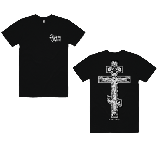 Sleeping Giant orthodox cross tee — front and back on a transparent background